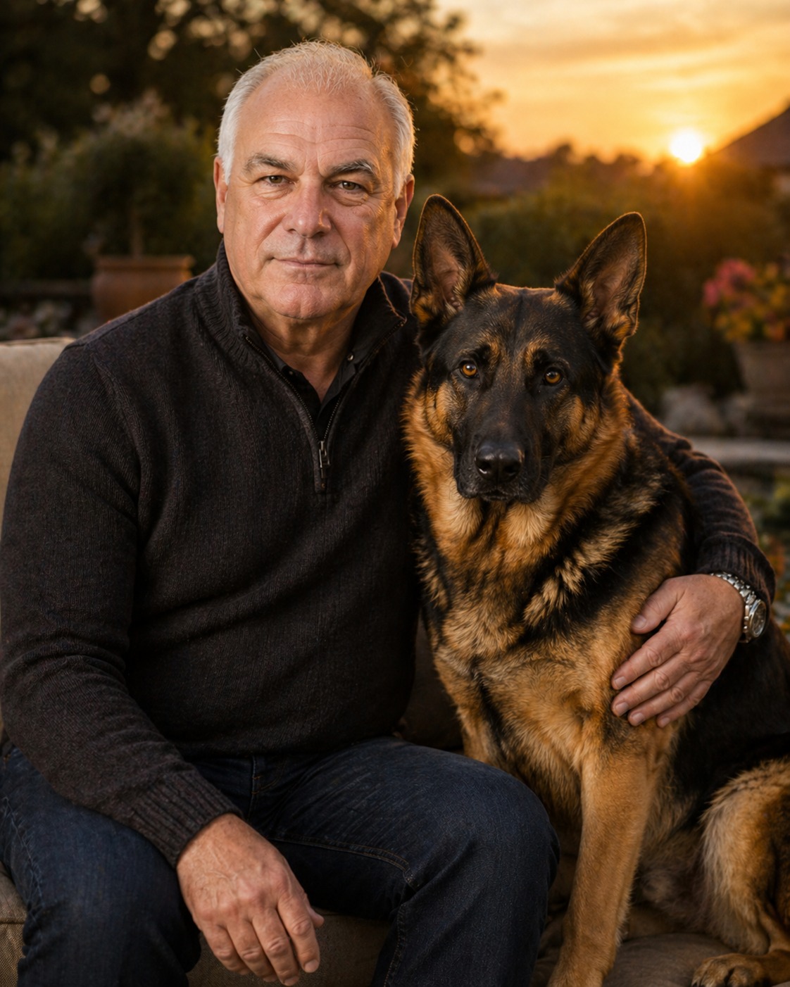 Tony Iavorone bonding with Cane the German Shepherd at golden hour