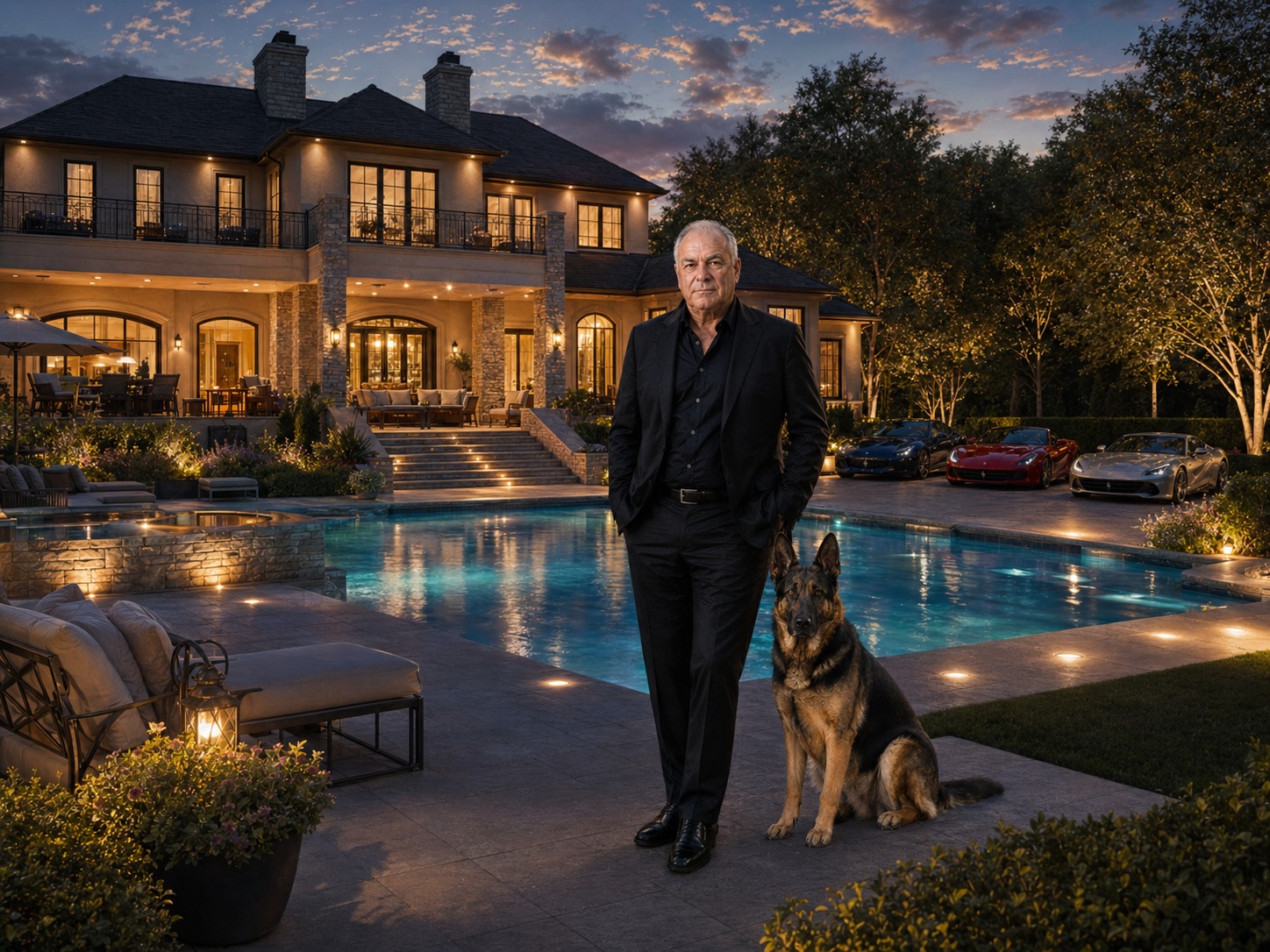 Tony Iavorone's mansion at twilight with Cane the dog